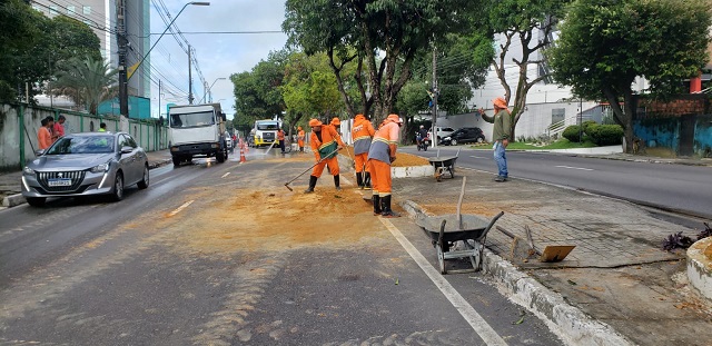 Canteiro central das avenidas Darcy Vargas e Ephigênio Salles recebem serviços da prefeitura